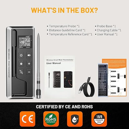 Wireless Meat Thermometer with Smart APP Control | 800ft Bluetooth Grill Food Thermometer, 0.19In Ultra Thin Probe, ±0.5℉ Accuracy, Digital Backlit Screen for BBQ, Oven, Smoker