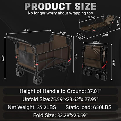 LEVELEVE Heavy Duty Folding Wagon - 2-in-1 Collapsible Cart, 650lb Capacity, All-Terrain Wheels w/Brakes & Side Pockets