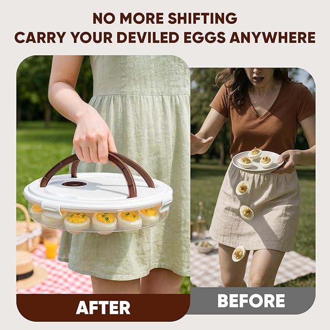 77L 2-Pack Deviled Egg Container with Lid – 34-Egg Platter with Handle, Stackable & Portable Carrier for Parties, Holidays, Camping, and Fridge Storage