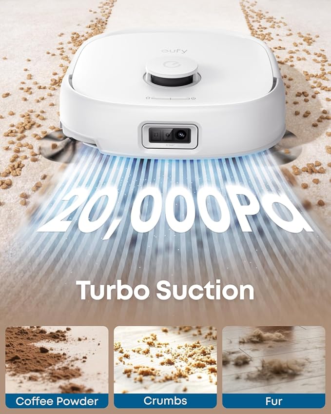 eufy Robot Vacuum E25, HydroJet System with Roller Mop, 20,000 Pa Turbo Suction, All-in-One Robot Vacuum and Mop Combo, Edge-to-Corner Cleaning, Zero-Tangle Design, AI Obstacle Avoidanced, White