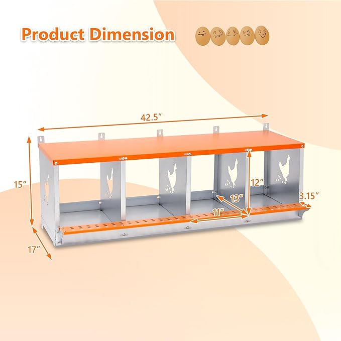 4-Bay Metal Nest Box for Chickens Wall Mount, Galvanized Steel Hen Laying Box with Hen-Shaped Vent Holes, Includes Coconut Fiber Pad, Easy to Clean & Assemble (Orange/Silver)