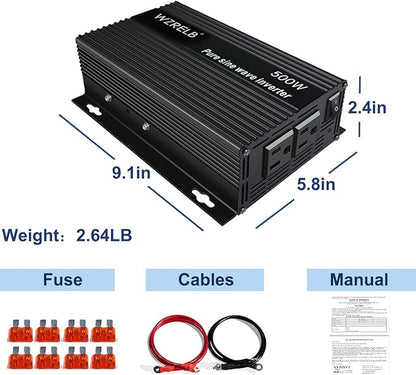 WZRELB 500W Pure Sine Wave Inverter 12VDC to 120VAC Solar Power Converter Truck RV Home LCD Display