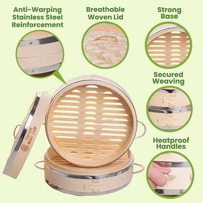 Bamboo Steamer 10 Inch - Dumpling Steamer Basket 2 Tier, Bamboo Steamers For Cooking Dumplings, Bao Bun, Dim Sum, Rice Potsticker & Veggie Food Steaming Basket with Steel Rims, Handles & Accessories