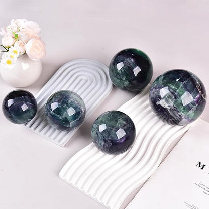 JIC Gem Natural Colorful Fluorite Crystal Sphere with Wooden Stand,Decorative Crystal Ball Fluorite Gemstone Sphere for Meditation,Feng Shui,Witch-Style Decor,Table 80-90mm