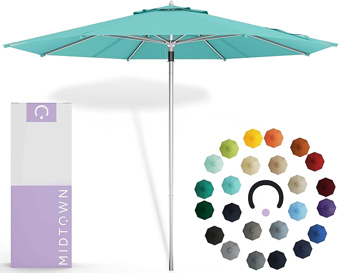 Midtown Umbrellas Push Pop Sunbrella Umbrella 9 Feet Outdoor Umbrella in Aruba Fabric - Patio Umbrella, Backyard Umbrella, Garden Umbrella, Picnic Table Umbrella & Pool Umbrella - Black Pole