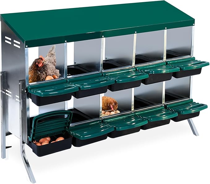 Nesting Boxes for Chickens - 10 Compartment Metal Roll Away Chicken Laying Boxes with Leg, Lid Cover, Protect Eggs, Easy Egg Collection, Chicken Nesting Box for Chicken Coop