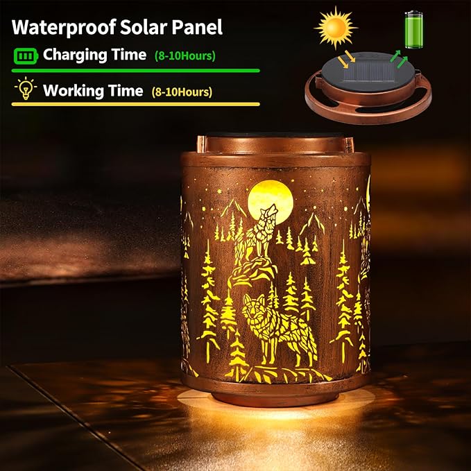 Solar Lanterns Garden Decor Birthday Gifts for Women Mon Grandma Metal Hanging Solar Lights Waterproof Outdoor Decoration for Outside LED Lanterns for Yard Patio Lawn Pathway(Wolf)