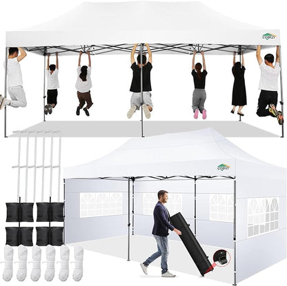 COBIZI 10x20 Pop up Canopy Tent with 6 Sidewalls, Waterproof Heavy Duty Commercial Canopy for Parties, Outdoor Tent, Garden Gazebo, Carry Bag with Wheel (10x20ft, White)