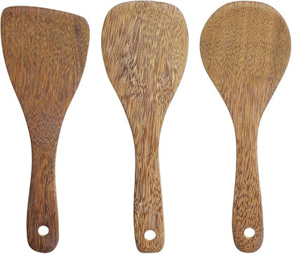 EORTA Set of 3 Wooden Rice Paddles, 8 Inch Rice Spoon Spatula & Scooper for Nonstick Cookware, Small Wooden Utensils for Kitchen Cooking, Slanted/Flat/Curved Food Spatula, 8.26 * 2.75inch