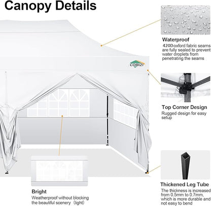 COBIZI 10x20 Pop up Canopy Tent with 6 Sidewalls, Waterproof Heavy Duty Commercial Canopy for Parties, Outdoor Tent, Garden Gazebo, Carry Bag with Wheel (10x20ft, White)