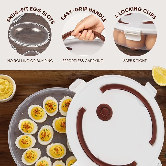 77L 2-Pack Deviled Egg Container with Lid – 34-Egg Platter with Handle, Stackable & Portable Carrier for Parties, Holidays, Camping, and Fridge Storage