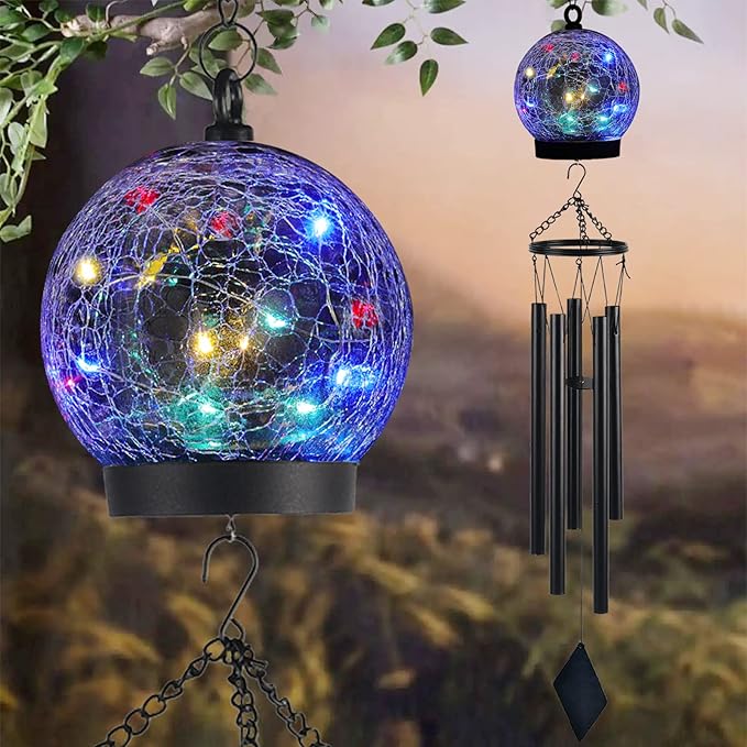 Garden Wind Chimes Outdoor, Solar Hanging Glass Ball Wind Chimes with 15 Twinkling LEDs 42 Inch Large with Unique Memorial Sympathy Wind Chime Outside Garden Décor as a Gift for Patio, Porch, Balcony