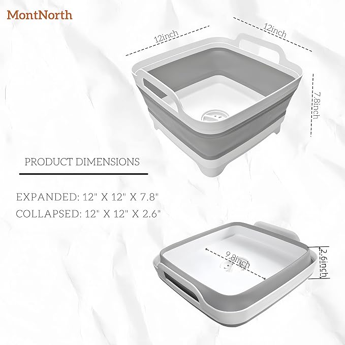 MontNorth Collapsible Wash Basin 9L, Foldable Dish Tub with Drain Plug, Portable Collapsible Dish Basin, Camping Sink for Washing Dishes, Laundry & Kitchen Use,Gray
