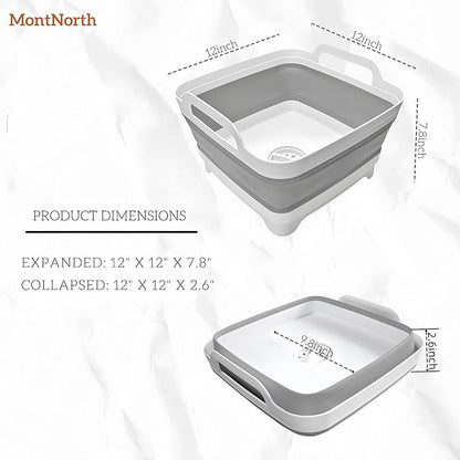 MontNorth Collapsible Wash Basin 9L, Foldable Dish Tub with Drain Plug, Portable Collapsible Dish Basin, Camping Sink for Washing Dishes, Laundry & Kitchen Use,Gray