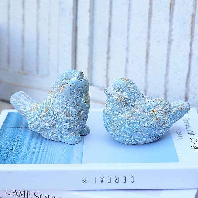 BIG FORTUNE Outdoor Bird Statues Bird Decor Figurines for Home Cement Bird Sculpture for Patio Yard Lawn Ornament, 2style/Set,Indoor Outdoor Bird Decorations Statue(Blue)