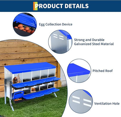 10-Compartments Chicken Nesting Boxes with Roll Out Egg Collection and Large Vented Holes,Metal Nesting Boxes for Chickens, Hens, Ducks,Wall Mount/Freestanding Poultry,Blue