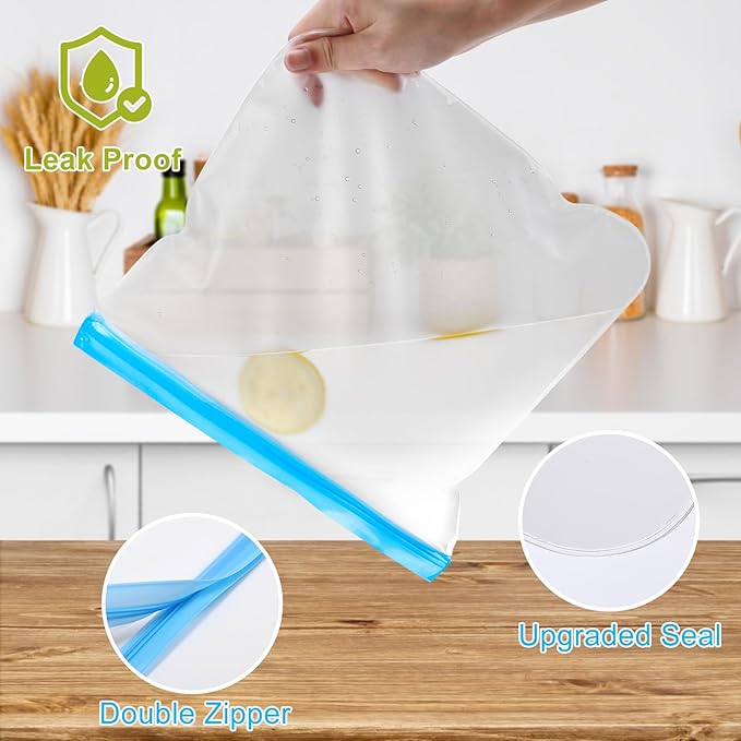Lerine 6 Pack Reusable Freezer Bags 2 Gallon Stand-Up Dishwasher Safe, BPA-Free Reusable Gallon Bags, Leakproof Food Storage Bags for Meat Vegetables Bread Travel (Gray, 2Gallon)