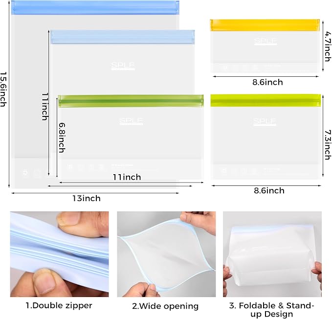 SPLF 6 Pack Stand-Up Reusable Gallon Freezer Bags Dishwasher Safe | Extra Thick 1 Gallon Leakproof Food Storage Bags, BPA and Silicone Free Freezer Bags for Meal Prep, Bread, Veggies, Travel