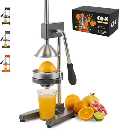 CO-Z Manual Citrus Juicer, Heavy-Duty Manual Juicer with Conical & Flat Pressure Plates, Professional Lemon Squeezer for Orange Pom Lime Lemon Juice, Dishwasher Safe Orange Juice Press, Gray