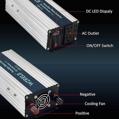 WZRELB 800W Pure Sine Wave Inverter 36V DC to 110V 120V AC Power Converter with LED Display, Off-Grid Portable Power Inverter with 2 AC Outlets for Home, RV, Truck, Camping
