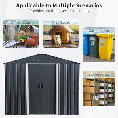 8x6 FT Outdoor Storage Shed,Metal Shed with Floor,Garden Shed W/Air Vent & Lockable Sliding Door,All Weather Waterproof Tool House W/Sloped Roof,for Patio,Yard,Lawn,Black