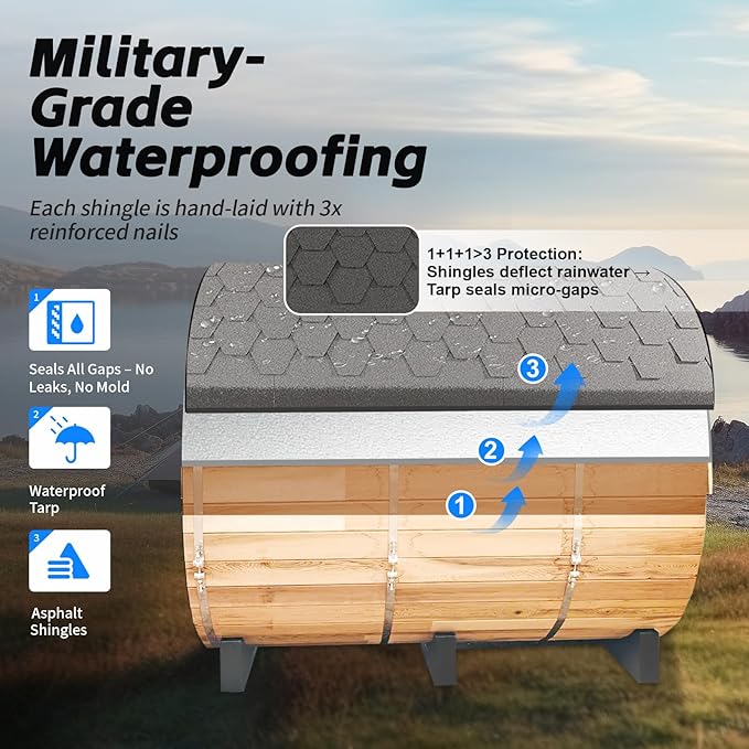 ZONEMEL Outdoor Barrel Steam Sauna, Wooden Sauna Room for 3-4 Person with 4.5KW ETL Certified TOULE Heater, Rocks, 8mm Tempered Glass, Waterproof System