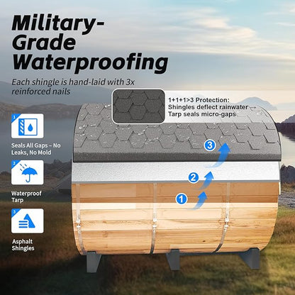 ZONEMEL Outdoor Barrel Steam Sauna, Wooden Sauna Room for 3-4 Person with 4.5KW ETL Certified TOULE Heater, Rocks, 8mm Tempered Glass, Waterproof System
