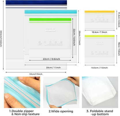 SPLF 32 Pack Reusable Food Storage Bags Dishwasher Microwave Safe | Reusable Freezer Bags, Silicone Free Containers for Meal Prep, Fridge Kitchen - 8 Gallon 8 Half Gallon 8 Sandwich 8 Snack