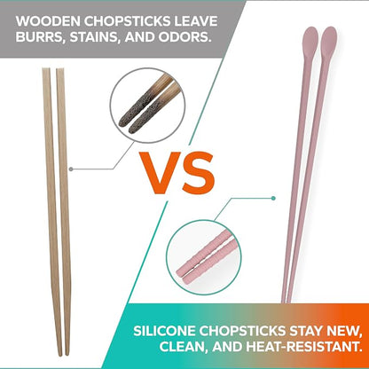 Reusable Long Silicone Cooking Chopsticks with Spoon 12 Inches 2 Pairs Set, Dishwasher Safe, BPA-free Non-Slip, Non-Scratch, Korean Japanese Kitchen Utensils (Pastel Grey 2 Set)