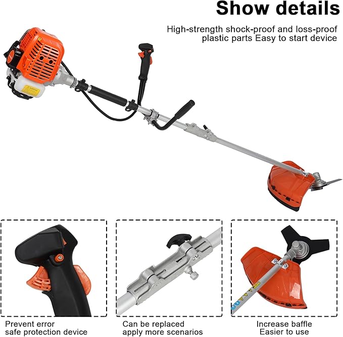52cc 2-Stroke Gas Weed Wacker with 1.2L Fuel Tank, 2.2KW/8500RPM Weed Eater with Multi Accessories and Sharp Blade, Grass Trimmer for Villa, Garden, Community, Lawn, Park (Red 2)