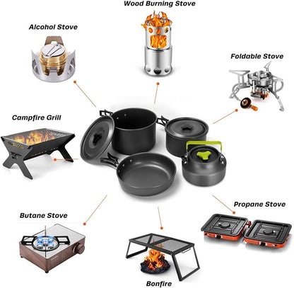 Odoland 29pcs Camping Cookware Mess Kit, Non-Stick Lightweight Pots Pan Kettle, Collapsible Water Container and Bucket, Stainless Steel Cups Plates Forks Knives Spoons for Outdoor Backpacking Picnic