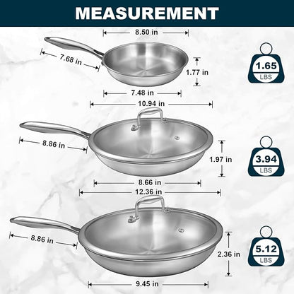 Tri-Ply Stainless Steel Frying Pans Set with Lid, EWFEN 8”/10”/12” Cooking pans, PFOA&PTFE Free Skillet, Induction Cooking Pan, Dishwasher and Oven Safe, Fast & Even Heat, Suitable for All Stove