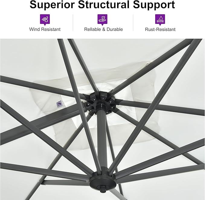 PURPLE LEAF 10 Feet Patio Umbrella Outdoor Cantilever Round Umbrella Aluminum Offset Umbrella with 360-degree Rotation for Garden Deck Pool Patio White