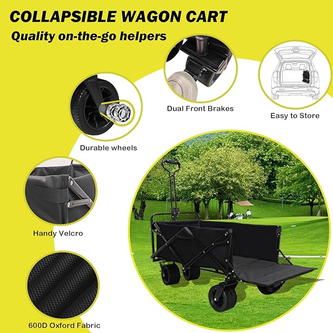 Collapsible Folding Wagon with Tailgate, Extra Long Extender Cart, Large Capacity Folding Garden Wagon, Heavy Duty Utility Carts for Shopping, Beach, Garden, Sports, Outdoor