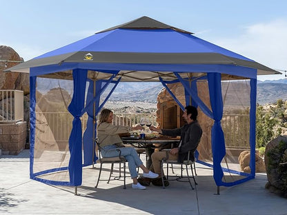 CROWN SHADES 12x12 Pop up Gazebo with Mosquito Nettings, Patented Center Lock 6-Sided Portable Gazebo, 300D Silver-Coated Fabric UV Resistant, Pop Up Canopy Tent for Patio, Party, Blue&Light Grey