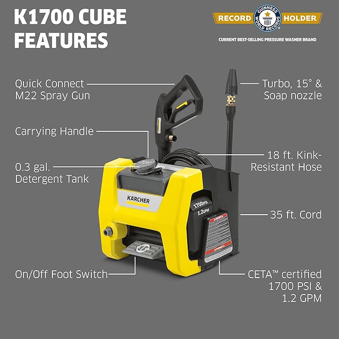Kärcher Pressure Washer K1700 Cube, CETA Certified, 3 Spray Nozzles, Detergent Tank, for Cars, Driveways, Siding, Patios, 1.2 GPM
