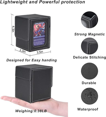AFIING MTG Deck Box for Commander Display,Card Deck Box Fits 100 Double Sleeved Cards, Magic Commander TCG Card Storage Box with 2 Dividers,Drawstring Bag and 1 Toploader(Black/grey)