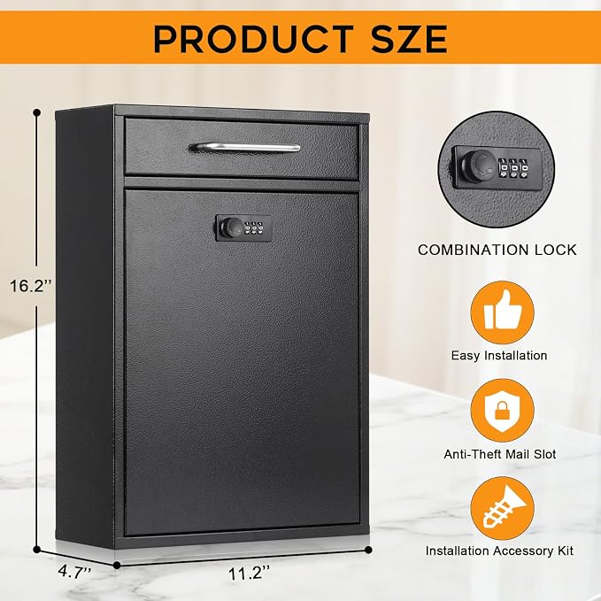 xydled Wall Mount Mailboxes with Combination Lock, Wall Mail Box for Outside, Locking Mailbox with Lock, Hanging Secured Postbox, Security Key Drop Box, 17.6H x 12.2L x 5.7W Inches, Black, XL Large