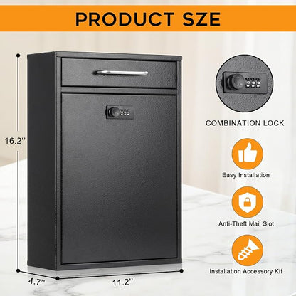 xydled Wall Mount Mailboxes with Combination Lock, Wall Mail Box for Outside, Locking Mailbox with Lock, Hanging Secured Postbox, Security Key Drop Box, 17.6H x 12.2L x 5.7W Inches, Black, XL Large