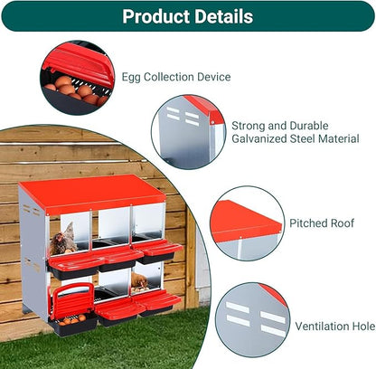 Metal Nesting Box for Chickens (6 Holes) - Heavy Duty Galvanized Steel Hen Laying Box, Outdoor Poultry Nest for Hens, Farm & Ranch Poultry Habitat Supplies