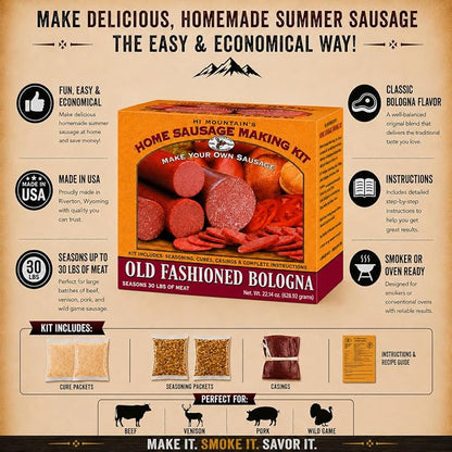 Hi Mountain OLD FASHIONED BOLOGNA Seasoning Kit | Complete bologna sausage-making kit with seasoning, cure & 10 casings. Beef, pork, venison & wild game. Makes up to 30 lbs