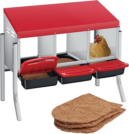 3 Compartment Metal Chicken Nesting Box, Includes 3 Soft Hay Mats, Automatic Roll-Out Egg Collection, Waterproof Galvanized Steel Laying Box with Perch & Wall Mount, for Hens Ducks Rabbits