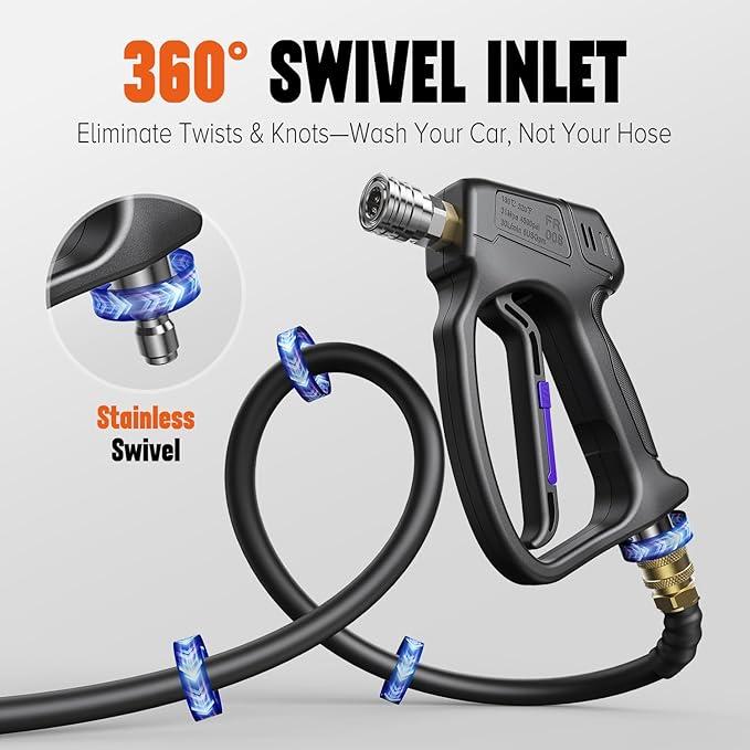 Short Pressure Washer Gun with Swivel 3/8" & M22-14mm Connect High Pressure Washer Handle with 5 Spray Nozzle, 1/4" Quick Connector Coupler Power Washer Gun Compatible with Foam Cannon