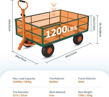 Versatile Garden Cart for Lawn and Yard with Heavy Duty Steel, 1200 Lbs Capacity Mesh Steel Garden Cart Folding Utility Wagon with Removable Side Panels, Long Handle, 10" Tires - Green and Orange
