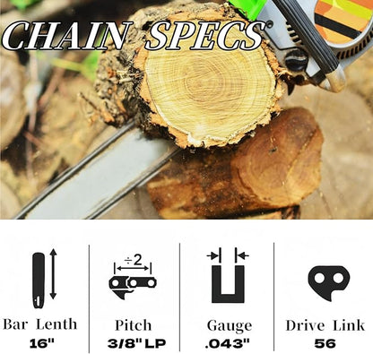 2PC 16 Inch Chainsaw Chains 3/8"LP Pitch .043" Gauge 56 Drive Links for EGO Power+ CS1604 / CS1613 / CS1600 / CS1610 / CS1611 16-Inch 56V Chainsaw, Replacement for Dewalt DCCS690-49162715, DWO1DT616