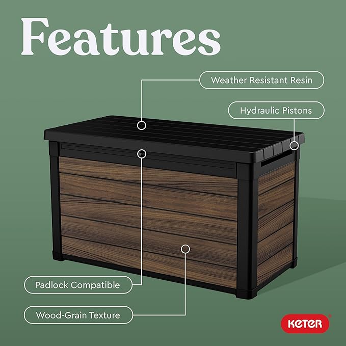 Keter Rosewood 100 Gallon Resin Deck Box Organization and Storage for Patio Furniture Outdoor Cushions, Throw Pillows, Garden Tools and Pool Toys