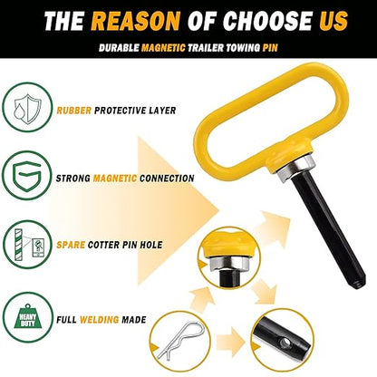 Magnetic Hitch Pin, Lawn Mower Trailer Hitch Pins 1/2 Inch - Strong Heavy Duty Magnet Trailer Gate Pin for Mowers, Lawn Tractors, Towing Cargo, ATV - Simple One Handed Hook On & Off（Yellow）