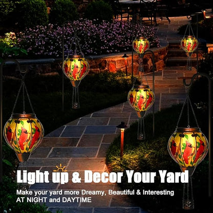 Hot Air Balloon Solar Lantern - Cardinal Bird Glass Lantern, Simulated Flickering & Dancing Flame, Outdoor Hanging Yard Light Waterproof IP65 for Patio Lawn Porch Decor Gift