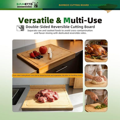 BAMOTTO CRAFTBAMBOO Bamboo Cutting Board 17.7"x15.8" for Kitchen | Detachable Front Lip for Counter Stability | Reversible Dual-Sided Juice Grooves | Sink & Stovetop Cover