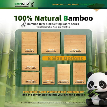 BAMOTTO CRAFTBAMBOO 15.8x22 Inch Large Bamboo Cutting Board Sink Cover | Non-Slip Detachable Lip | Reversible with Juice Groove | Kitchen Countertop Board Noodle Board | Stovetop Cover